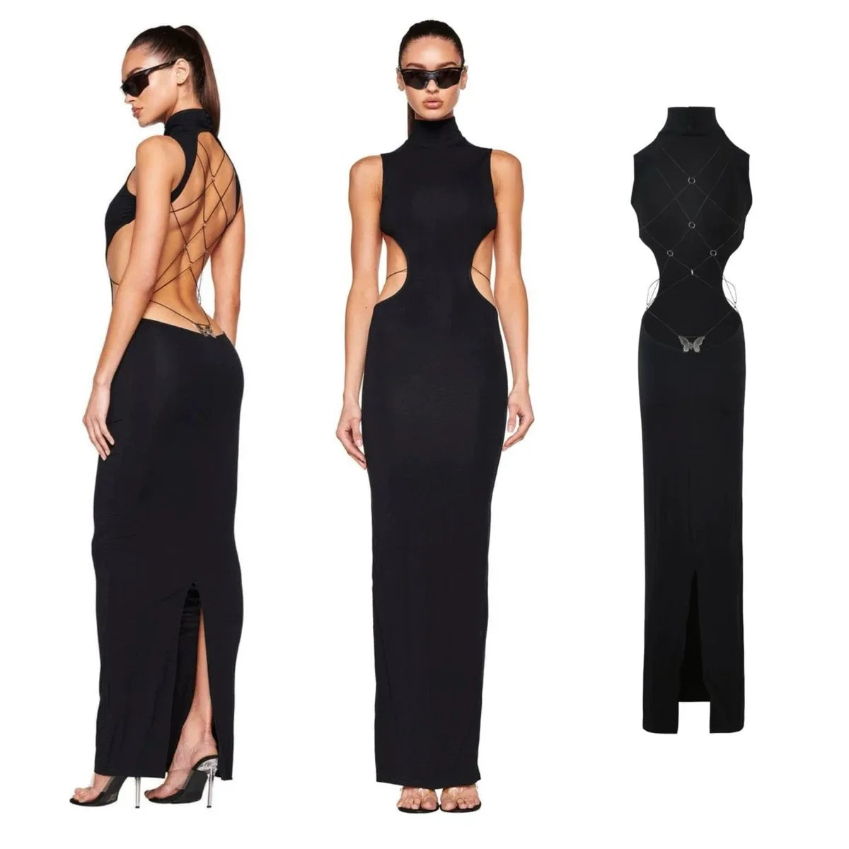 iamgia metal butterfly cutout slit dress